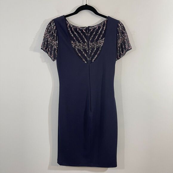Xscape Women's Navy Short Sleeve Pearl Embellished Sheath Dress Size 4 - Picture 7 of 8